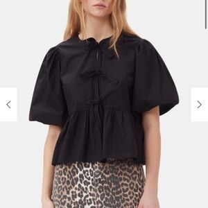 Ganni cotton poplin peplum tie blouse